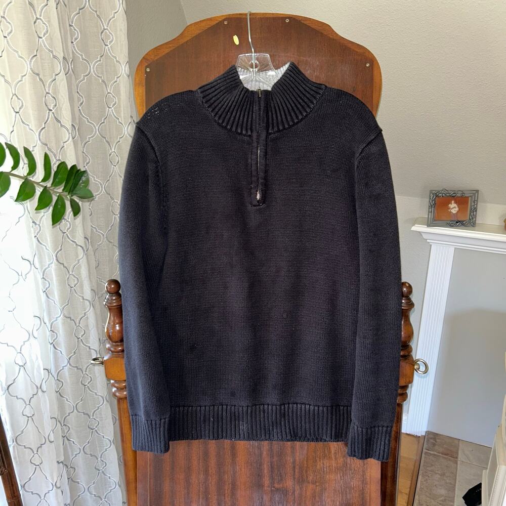L.L. Bean Mens Small Pullover Sweater Black Mock Neck Ribbed LS 1/4 Zip Cotton